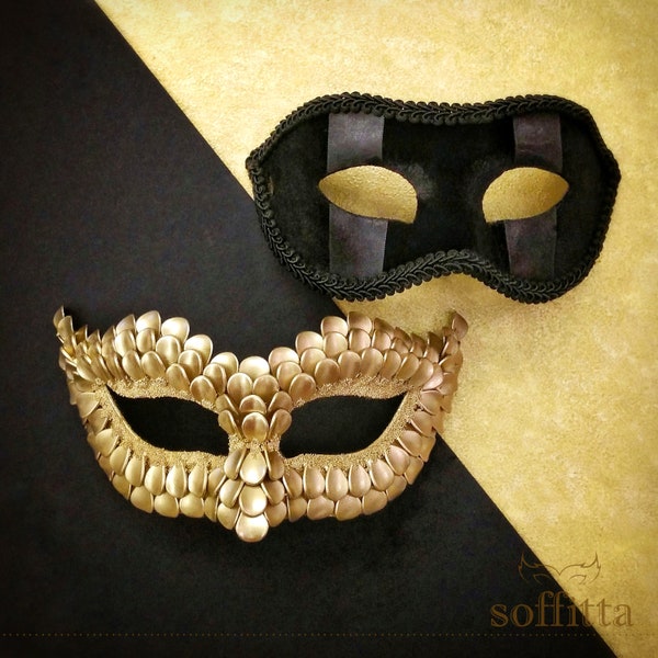 Máscara de antifaz dorada y negra para parejas - Máscara de baile de máscaras adornada para hombres y mujeres - Máscara de novios, máscara veneciana