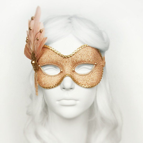 Nude & Gold Glitter Masquerade Mask -  Shimmering Venetian Mask With Feathers - For Masquerade Ball, Prom, Costume Party, Wedding