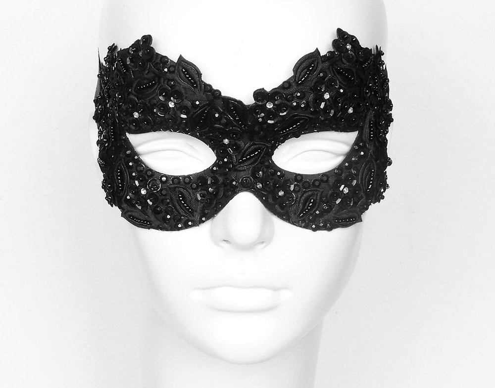 Sequined Black Masquerade Mask With Rhinestones and Embroidery