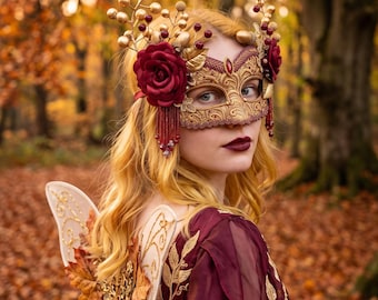 Burgundy, Red And Gold Masquerade Mask -  Venetian Style Masquerade Ball Mask With Rose, Leaves And Branches -  Embellished Halloween Mask