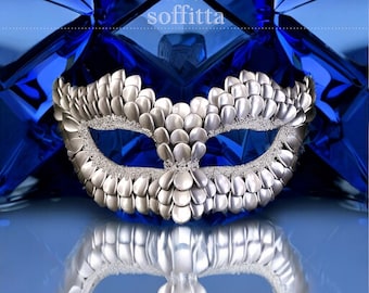 Silver Masquerade Mask With Dragon Scales Texture -  Metallic Venetian Mask Decorated With Silver Flake Beads