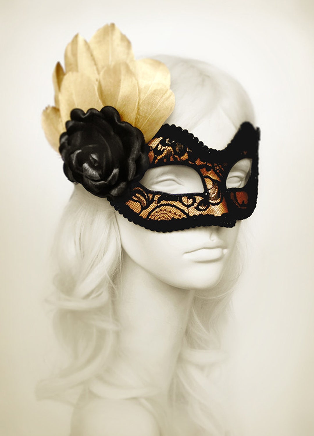 Gold and Black Lace Masquerade Mask in Venetian Style With Feathers and ...