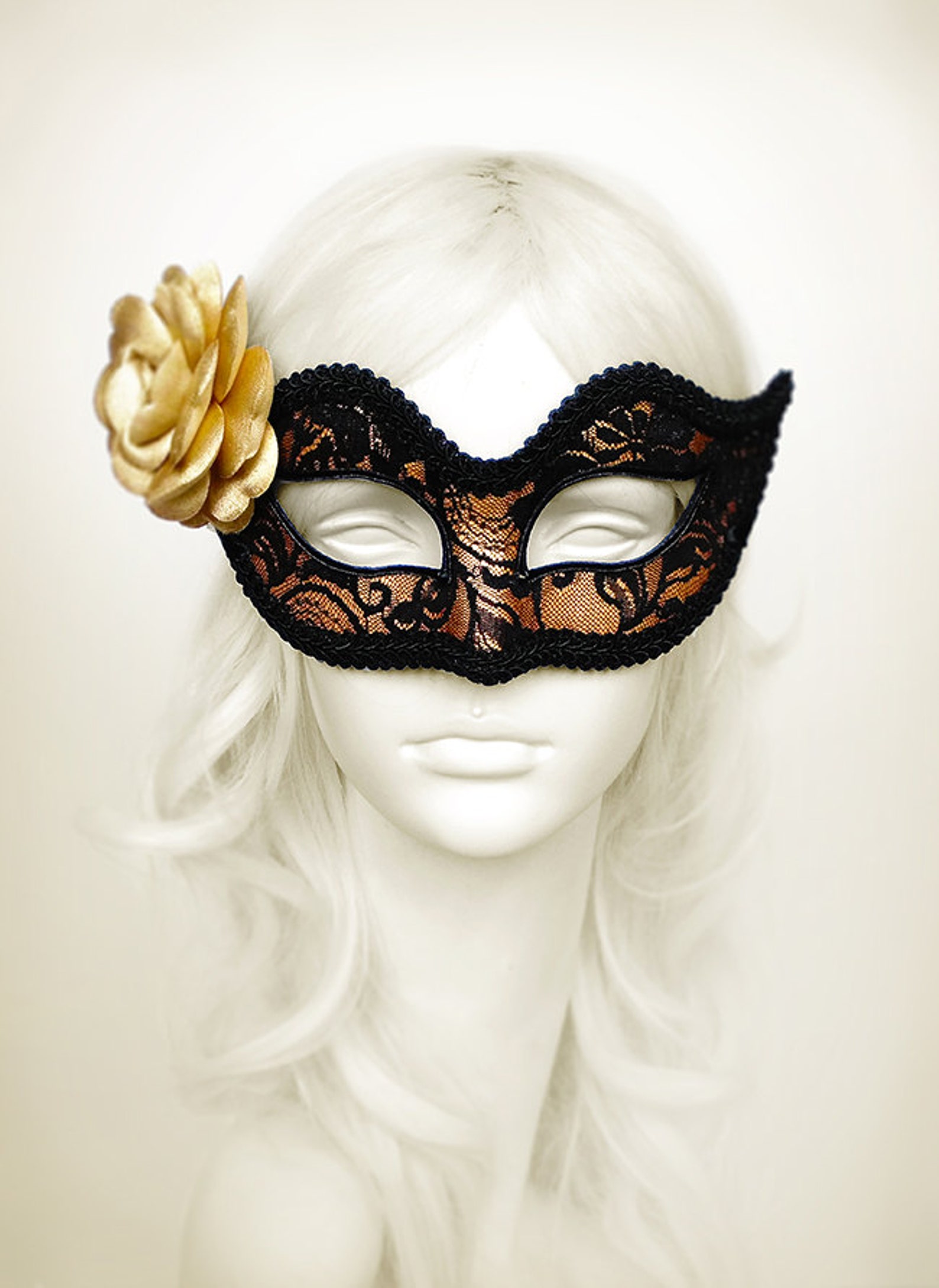 Gold Black Lace Venetian Masquerade Mask With Fabric Rose – Flower Ball ...
