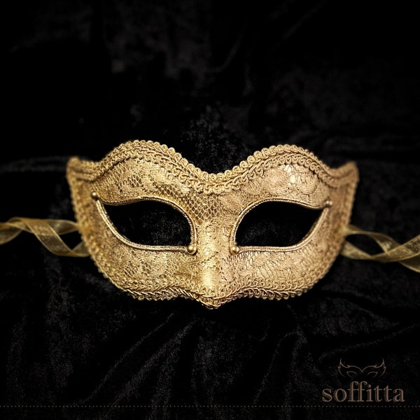 Gold Lace Covered Masquerade Mask -  Venetian Style Gold Halloween Mask - For Masquerade Ball, Prom, Costume Party, Wedding