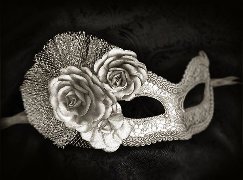 Metallic Silver Masquerade Mask With Fabric Roses Lace Etsy