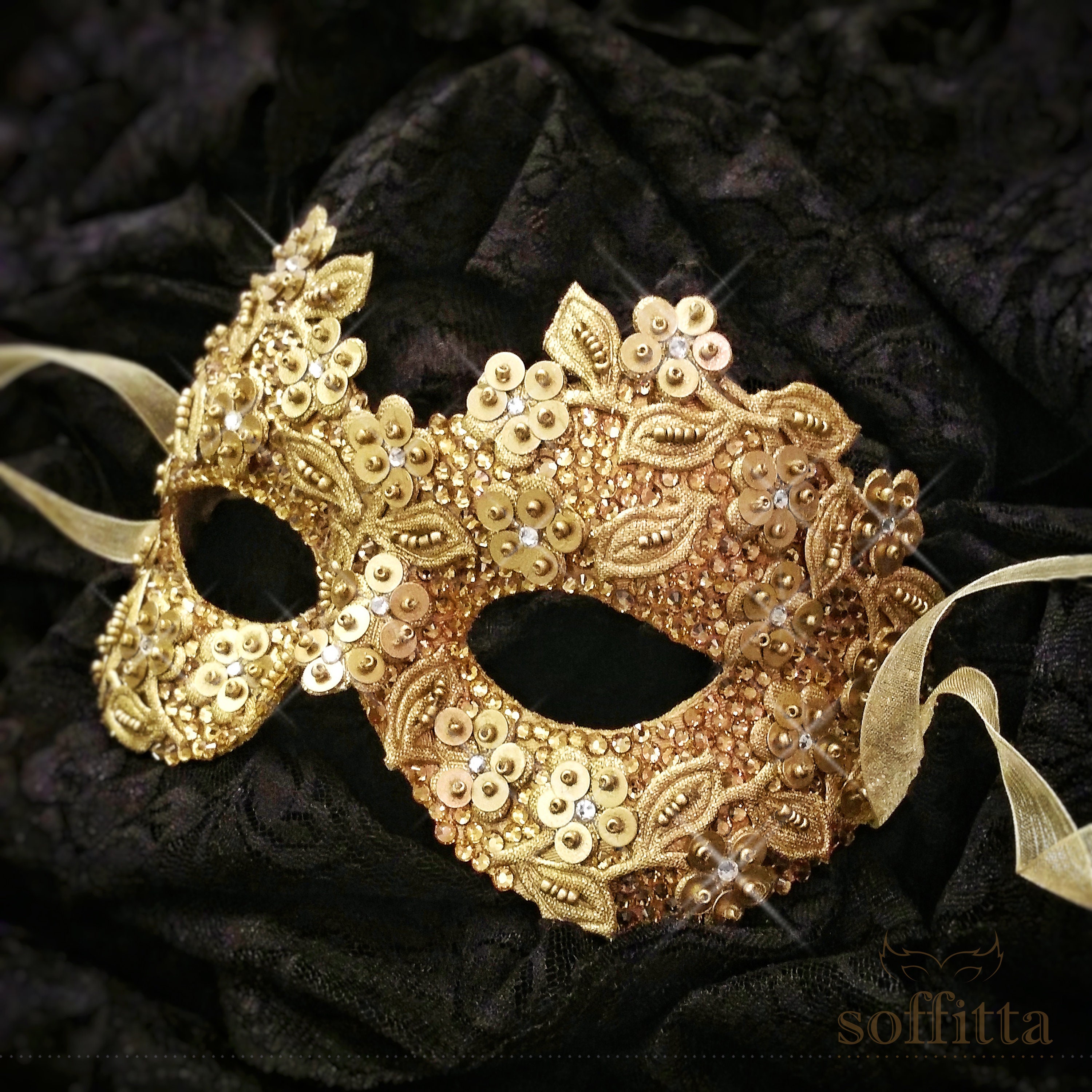 Sequined Gold Masquerade Mask With Rhinestones and Embroidery Etsy