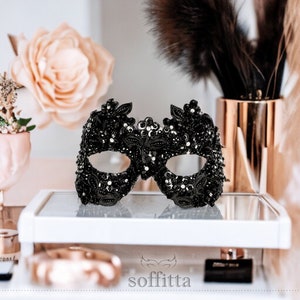 Sequined Black Masquerade Mask With Rhinestones And Embroidery - Embellished Venetian Style Mardi Gras Mask