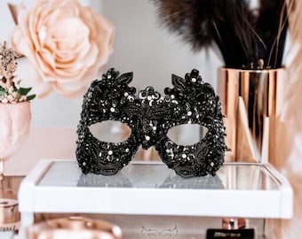 Sequined Black Masquerade Mask With Rhinestones And Embroidery - Embellished Venetian Style Mardi Gras Mask