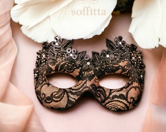 Nude & Black Lace Masquerade Mask -  Venetian Style Halloween Mask Embellished With Beads And Rhinestones - Masquerade Ball, Prom, Wedding