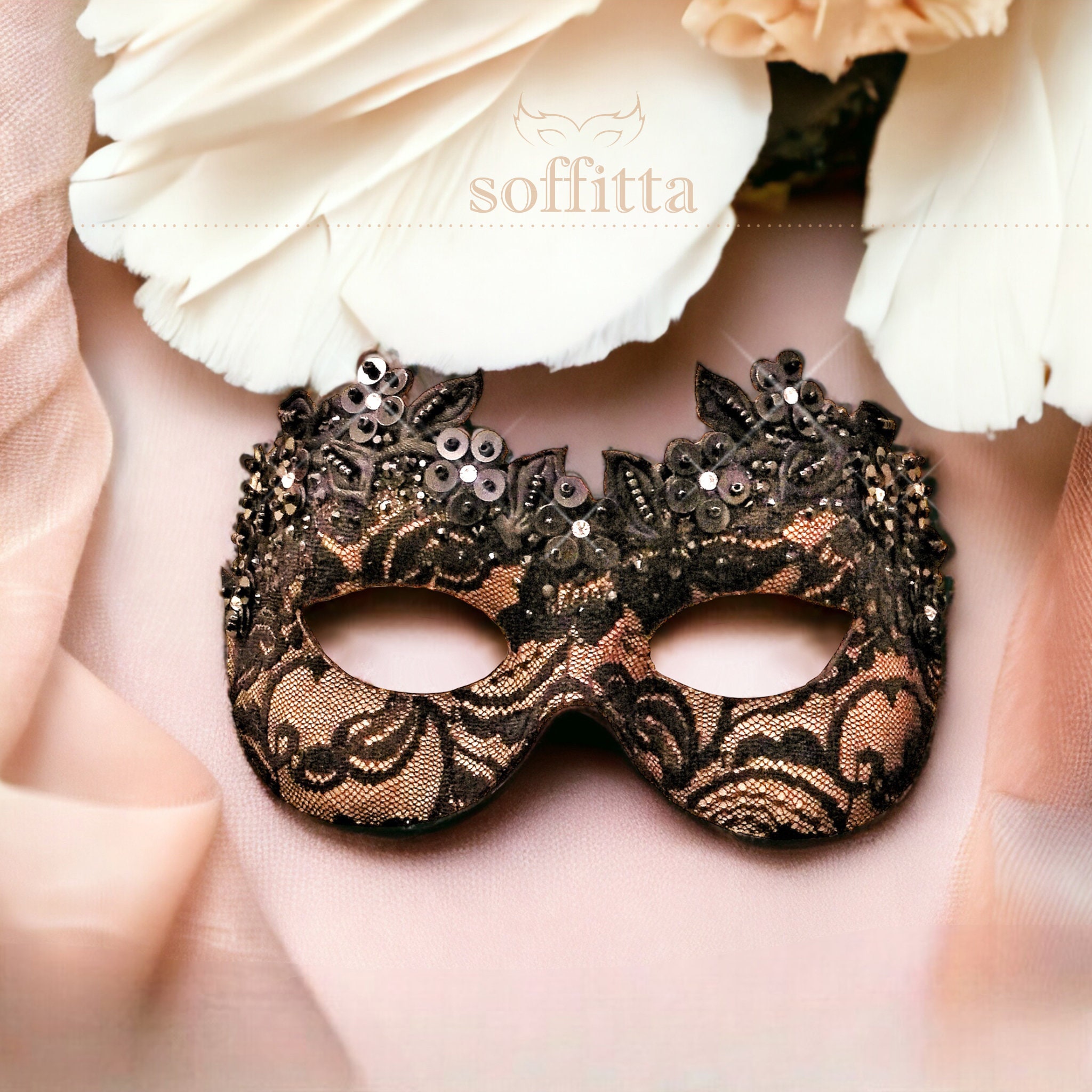 Nude & Black Lace Masquerade Mask - Venetian Style Halloween Mask