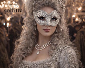 Silver Lace Covered Masquerade Mask -  Venetian Style Silver Halloween Mask - For Masquerade Ball, Prom, Costume Party, Wedding