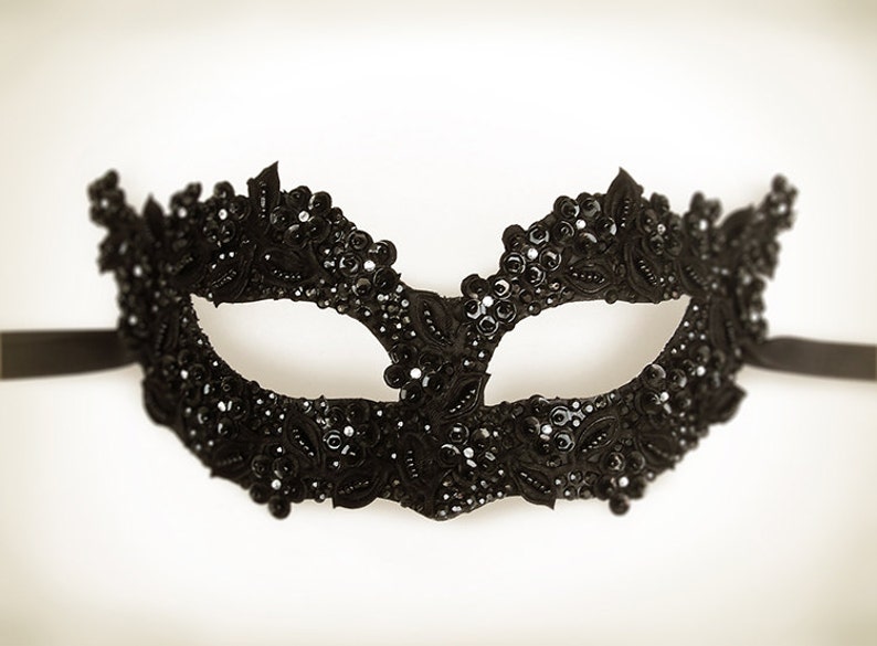 Sequined Black Masquerade Mask With Rhinestones and Embroidery Etsy