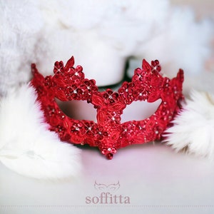 Sequined Red Masquerade Mask With Rhinestones And Embroidery - Embellished Venetian Style Red Masquerade Ball Mask