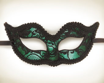 Metallic Green And Black Lace Masquerade Mask  -  Green Venetian Mask Decorated With Black Lace And Trim - Green Lace Masquerade Ball Mask
