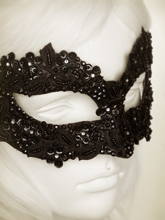 Sequined Black Masquerade Mask with Rhinestones and Embroidery - Embellished Venetian Style Black Masquerade Ball Mask
