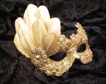 Sequined Gold Masquerade Mask With Rhinestones & Feathers - Embellished Venetian Style Halloween Mask For Prom, Costume Party, Wedding