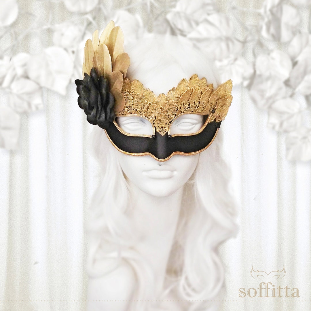 Black & Gold Lace Masquerade Mask - Venetian Style Halloween Mask With ...
