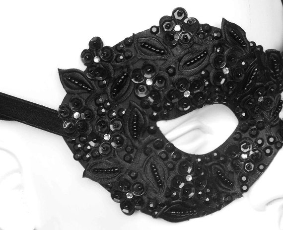 Sequined Black Masquerade Mask with Rhinestones and Embroidery - Embellished Venetian Style Black Masquerade Ball Mask