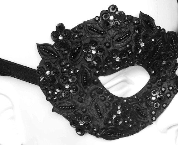 Sequined Black Masquerade Mask With Rhinestones and Embroidery
