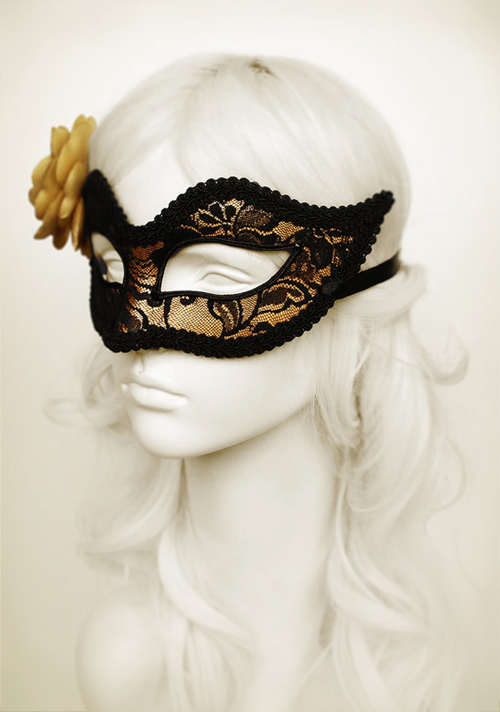 Gold Black Lace Venetian Masquerade Mask With Fabric Rose – Flower Ball ...