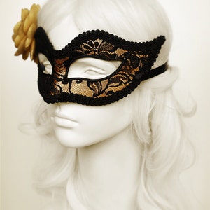 Gold Black Lace Venetian Masquerade Mask With Fabric Rose – Flower Ball ...