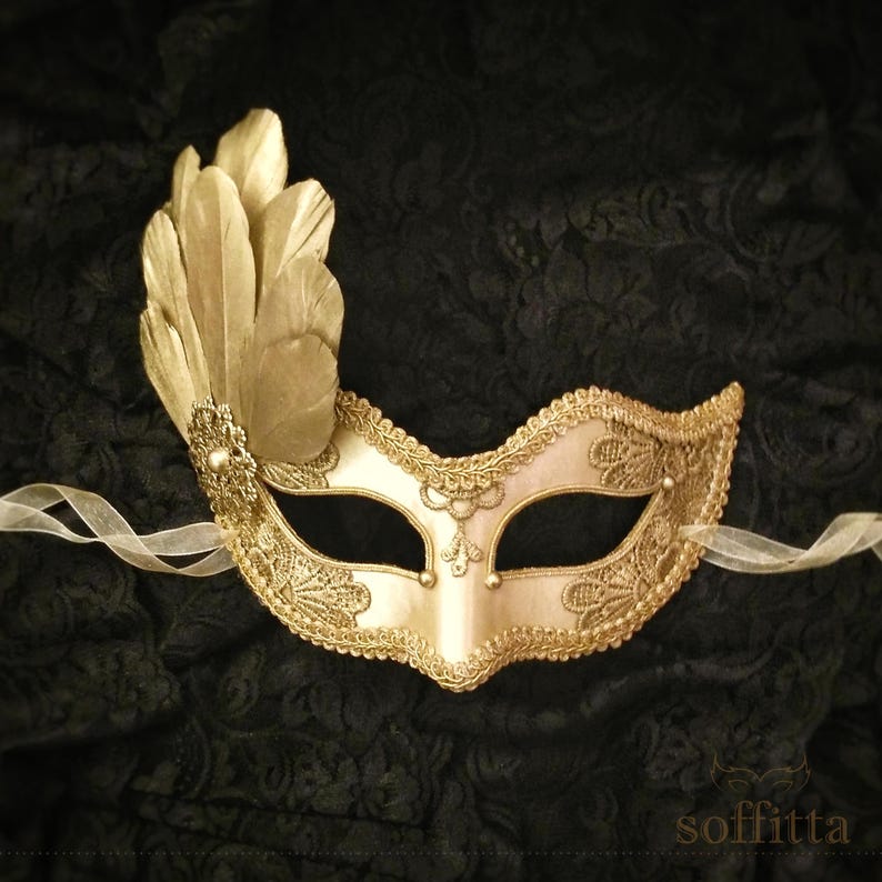Black & Gold Couple's Masquerade Mask With Feathers - Masquerade Ball ...