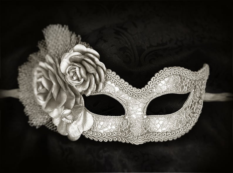 Metallic Silver Masquerade Mask With Fabric Roses Lace | Etsy
