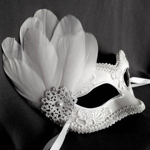 White Embroidery Masquerade Mask With Feathers - White Lace Venetian Mask - Feathered Masquerade Ball Mask