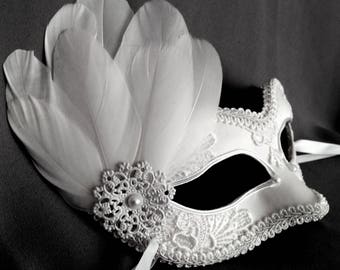 White Embroidery Masquerade Mask With Feathers - White Lace Venetian Mask - Feathered Masquerade Ball Mask