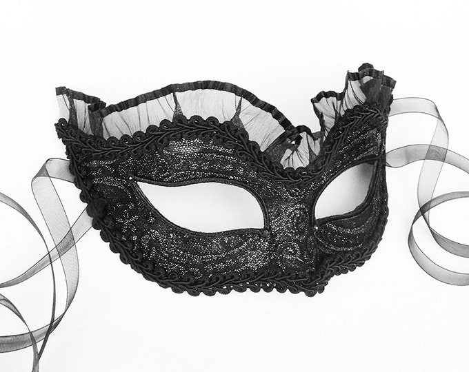 Shimmering Black & Silver Masquerade Mask With Black Tulle Etsy