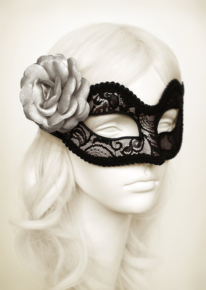 Black Lace Venetian Masquerade Mask With Silver Rose – Ball Mask for ...