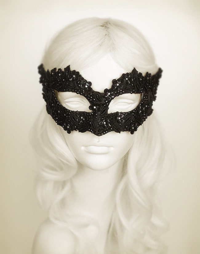 Sequined Black Masquerade Mask with Rhinestones and Embroidery - Embellished Venetian Style Black Masquerade Ball Mask