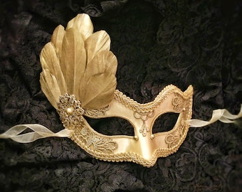 Gold Stickerei Maskenball mit goldenen Federn - Halloween Maske im venezianischen Stil - Für Maskenball, Abschlussball, Kostümparty, Hochzeit