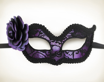 Purple And Black Lace Masquerade Mask - Purple Venetian Mask Decorated With Black Lace & Handpainted Rose - Purple Lace Masquerade Ball Mask