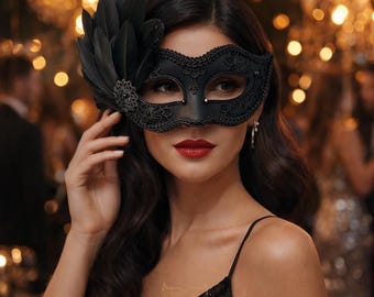 Black Embroidery Masquerade Mask With Feathers - Black Lace Venetian Mask - Feathered Masquerade Ball Mask