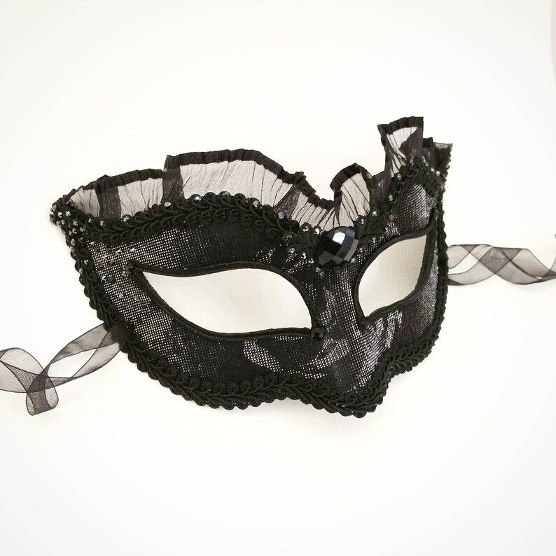Shimmering Black And Silver Masquerade Mask With Rhinestones Luxury Venetian Style Masquerade Ball Mask In Black And Silver With Frill