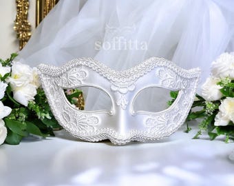 White Masquerade Mask With Lace -  Venetian Style Embellished Bridal Mask  -  For Costume Ball, Prom, Wedding
