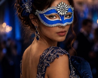 Blue Masquerade Mask for Women | Venetian Mask with Crystal Flower | Luxury Mardi Gras Mask | Halloween Party Costume Mask