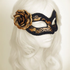 Gold And Black Lace Masquerade Mask  -  Gold Venetian Mask Decorated With Black Lace And Handpainted Rose - Gold Lace Masquerade Ball Mask