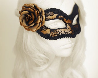 Gold And Black Lace Masquerade Mask  -  Gold Venetian Mask Decorated With Black Lace And Handpainted Rose - Gold Lace Masquerade Ball Mask