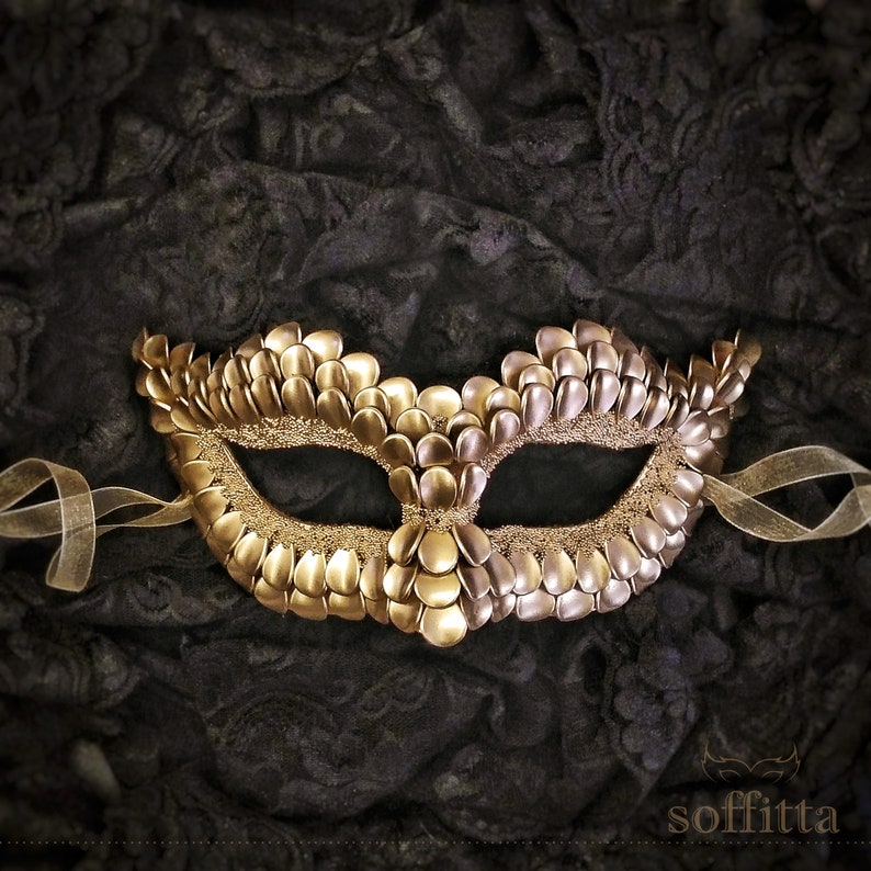 Gold Masquerade Mask With Dragon Scales Metallic Gold Venetian Mask Gold Masquerade Ball Mask image 1