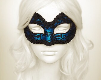 Metallic Blue And Black Lace Masquerade Mask  -  Blue Venetian Mask Decorated With Black Lace And Trim - Blue Lace Masquerade Ball Mask