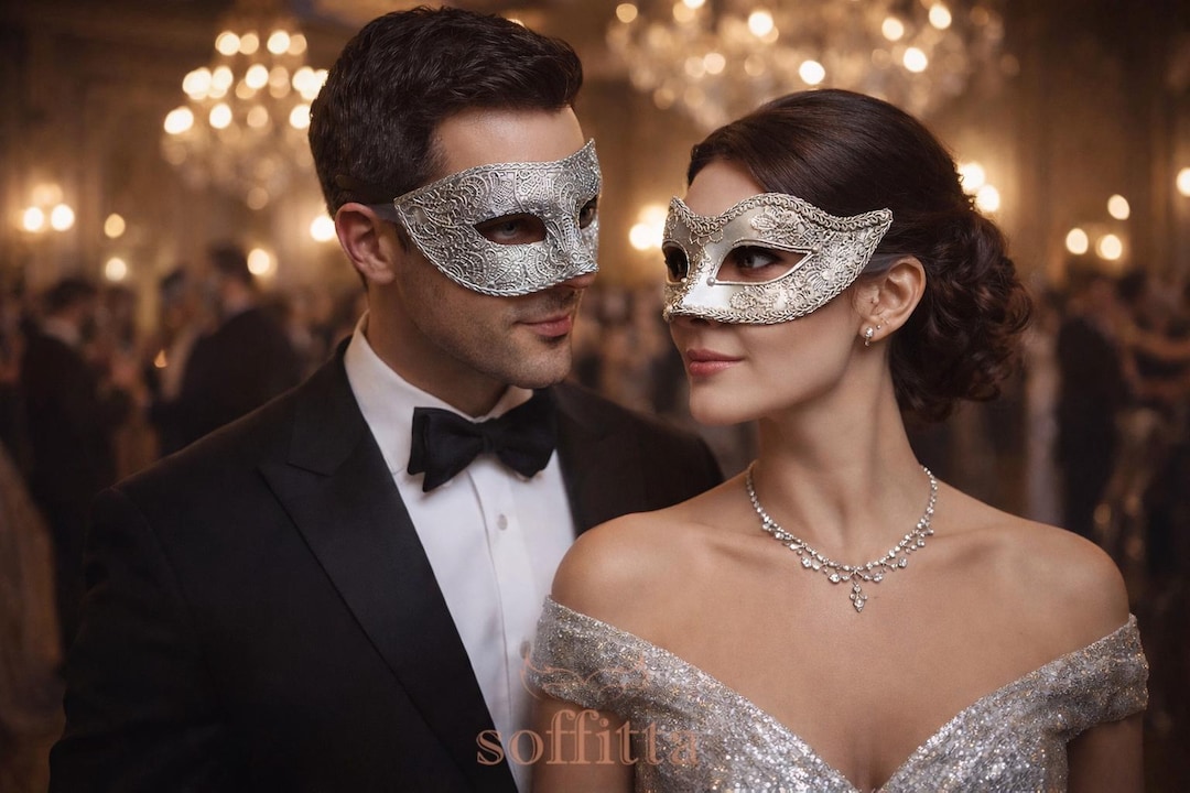 Silver Lace & Satin Couple's Masquerade Mask - Masquerade Ball