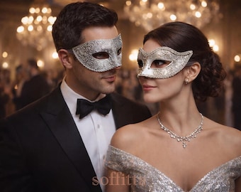 Silver Lace & Satin Couple's Masquerade Mask - Masquerade Ball Mask For Women And Men - Bride And Groom's Mask - Masquerade Wedding