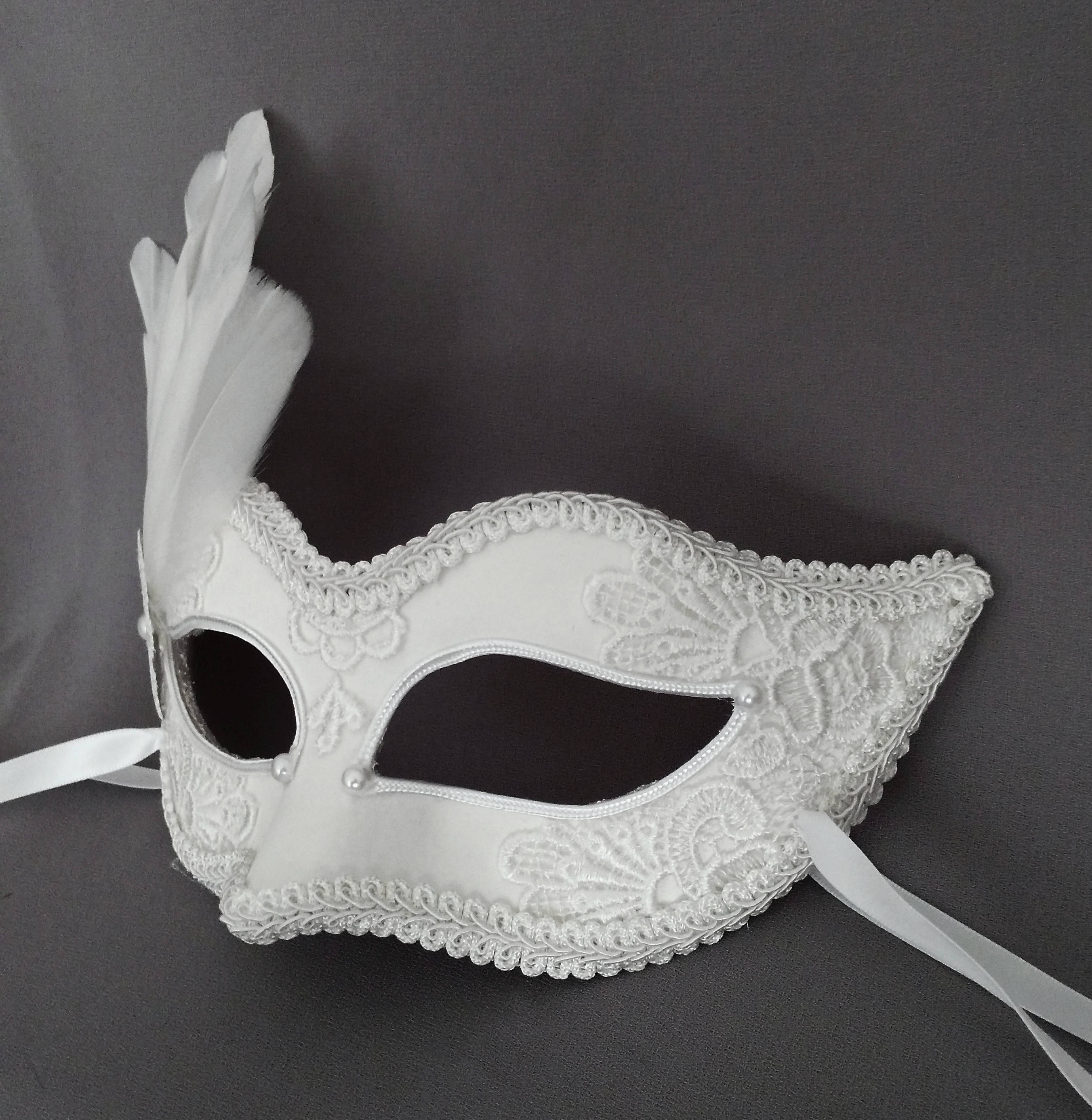 White Embroidery Masquerade Mask With Feathers White Lace Etsy