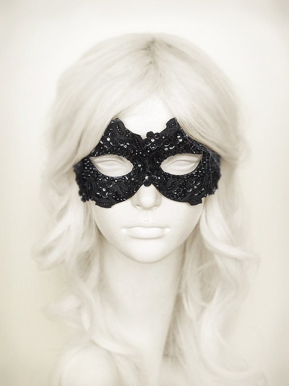 Sequined Black Masquerade Mask With Rhinestones and Embroidery