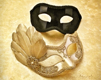 Black & Gold Couple's Masquerade Mask With Feathers - Masquerade Ball Mask For Women And Men - Bride And Groom's Mask - Masquerade Wedding