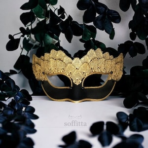 Black & Gold Lace Masquerade Mask - Venetian Style Halloween Mask With Embroidery - For Masquerade Ball, Prom, Costume Party, Wedding