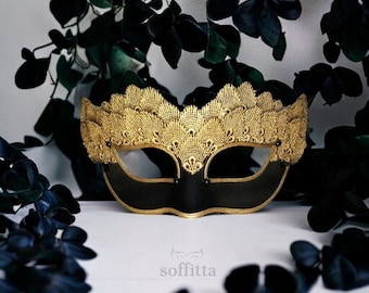 Black & Gold Lace Masquerade Mask - Venetian Style Halloween Mask With Embroidery - For Masquerade Ball, Prom, Costume Party, Wedding