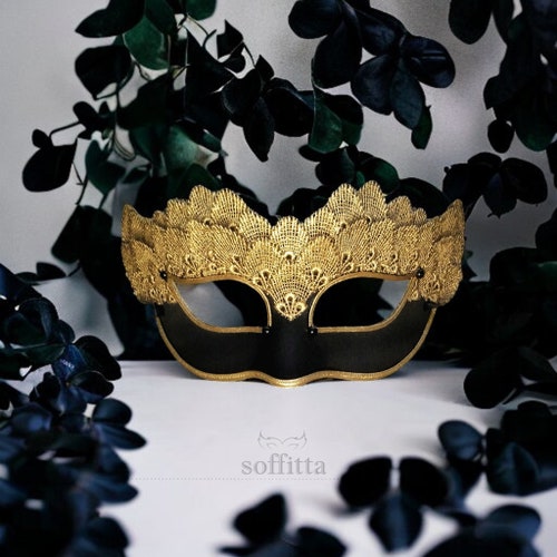 Black & Gold Lace Masquerade Mask - Venetian Style Halloween 